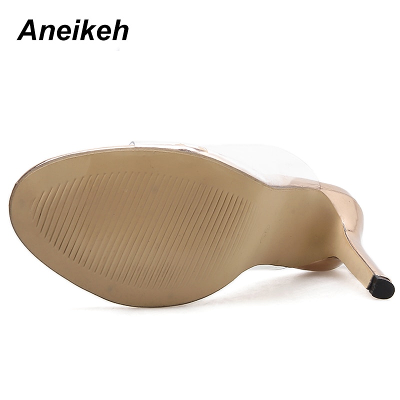 Aneikeh Women PVC Sandals 2019 Fashion champagne High Heeled Women Mules Sexy Thin Heel Shoes Open Toe Sandals Slippers Pumps