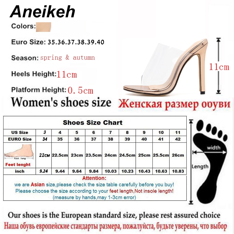 Aneikeh Women PVC Sandals 2019 Fashion champagne High Heeled Women Mules Sexy Thin Heel Shoes Open Toe Sandals Slippers Pumps