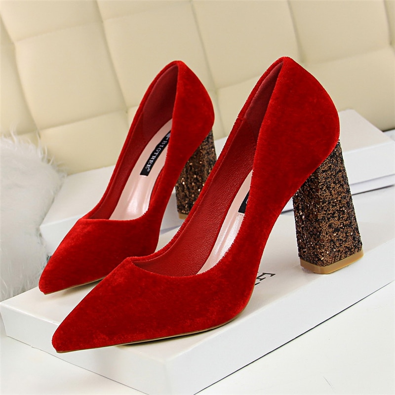 fetish high heels women wedding shoes zapatos mujer tacon italian pumps woman luxury brand bigtree shoes Bling Square heel shoes