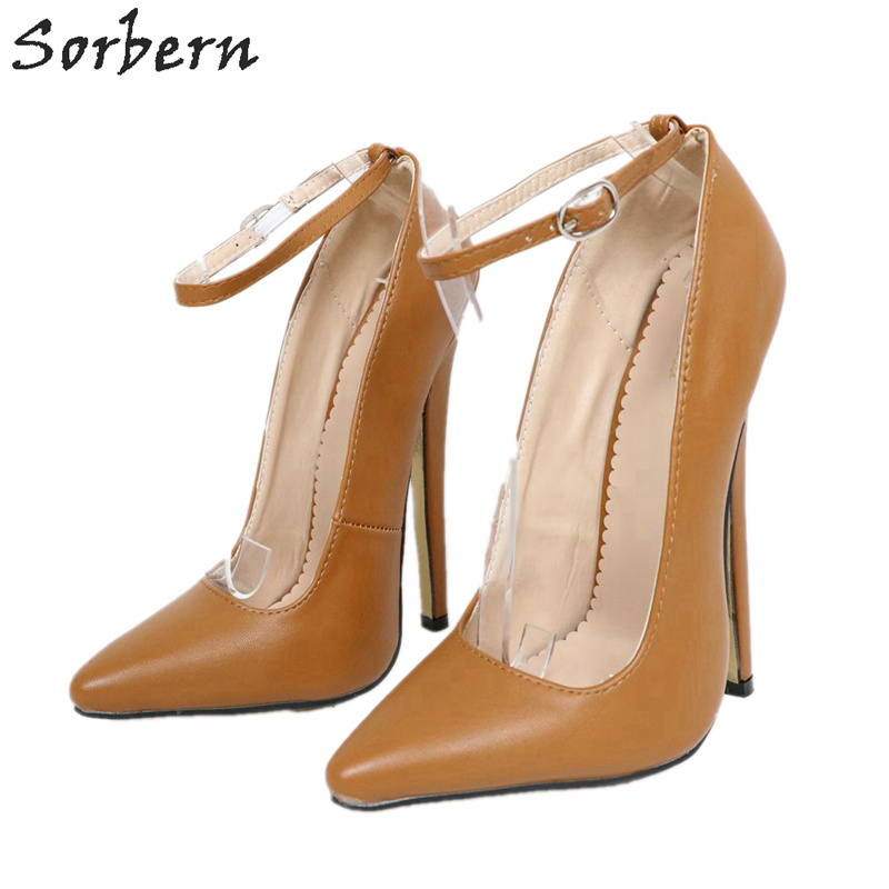 Sorbern Caramel Sharp Toe Women Pump High Heels Shoes Ladies Plus Size 15 Unisex Mary Janes Fetish 18Cm Stiletto Ankle Strap