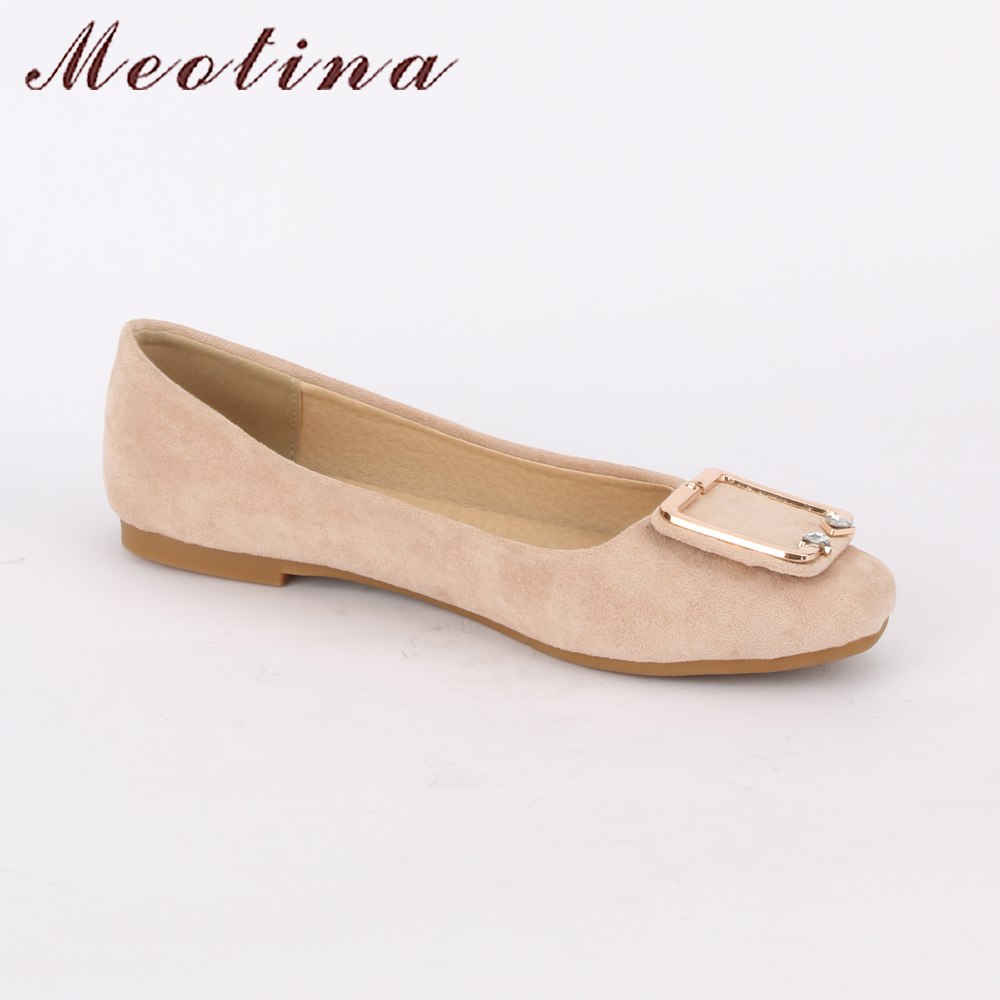 Meotina Shoes Women 2018 Ballet Flats Spring Buckle Crystal Casual Flat Shoes Square Toe Boat Shoes Size 34-43 Pink Yellow Beige