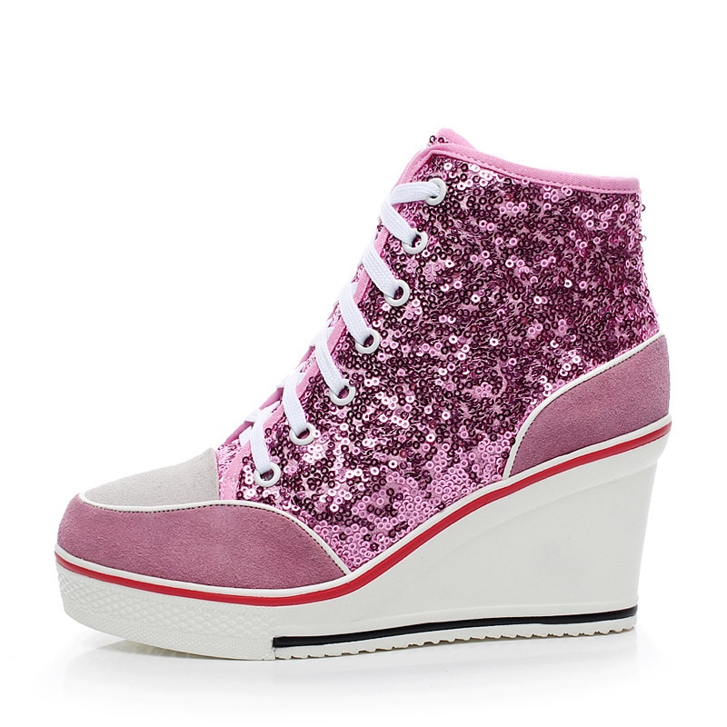 Women's Genuine Leather Shoes 2019 Autumn 8cm Wedges Shoes for Women High Top Platform Sneakers Pink Glitter Shoes Ladies