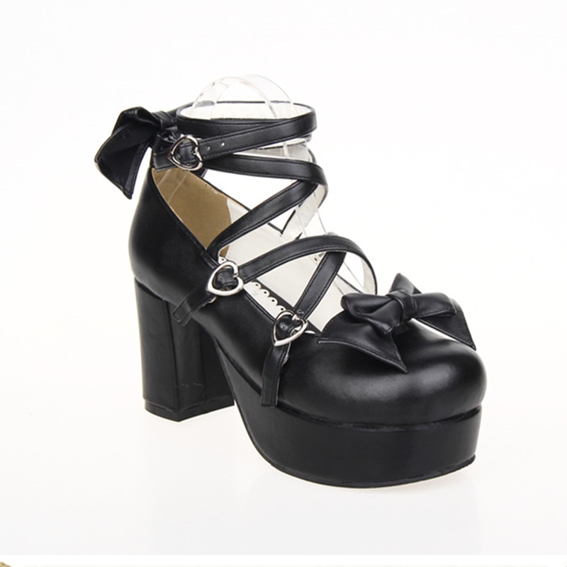 8cm Chunky Heel Black Leather Strappy Lolita Shoes Sweet Bow Round Toe Platform Pumps High Heels