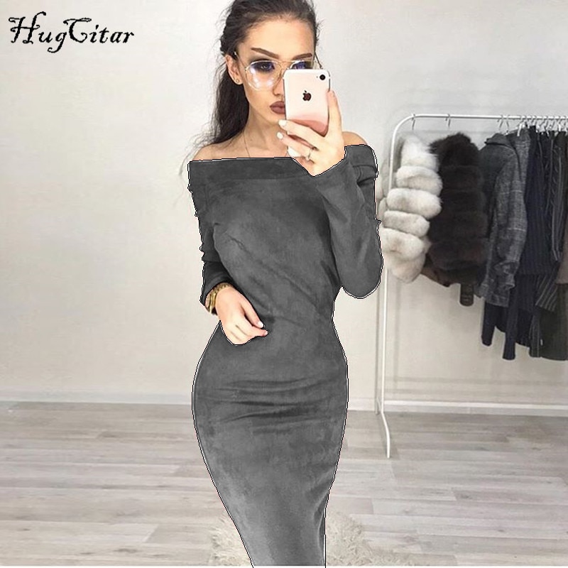 Hugcitar Suede Long Sleeve off shoulder Women mid-calf Dress 2018 Autumn Winter Female sexy Bodycon new year party Dresses