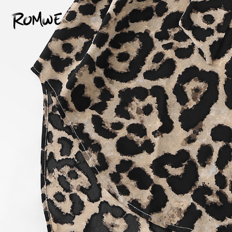 ROMWE Belted Leopard Print Stand Collar Dresses Women Casual Summer New Style Short Sleeve Female A Line Knee Length Sexy Dress