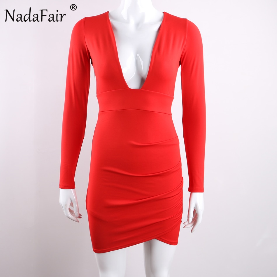 Nadafair Deep V Neck Backless Skinny Sexy Bodycon Dresses Women Long Sleeve Mini Party Club Autumn Winter Dresses Red Black