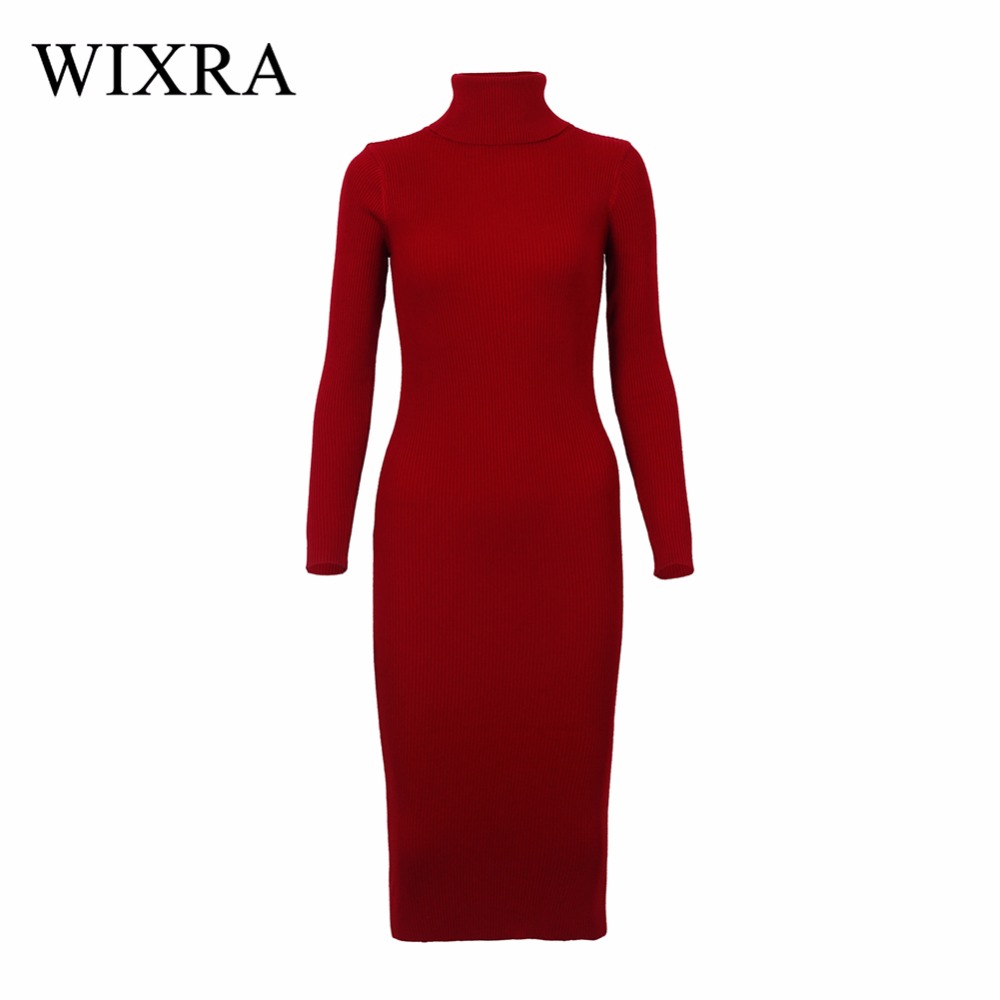 Wixra Warm Women Autumn Winter Sweater Knitted Dresses Slim Elastic Turtleneck Long Sleeve Sexy Lady Bodycon Robe Dresses