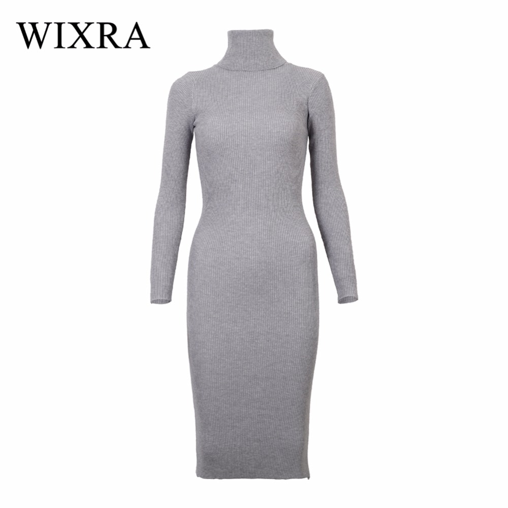 Wixra Warm Women Autumn Winter Sweater Knitted Dresses Slim Elastic Turtleneck Long Sleeve Sexy Lady Bodycon Robe Dresses