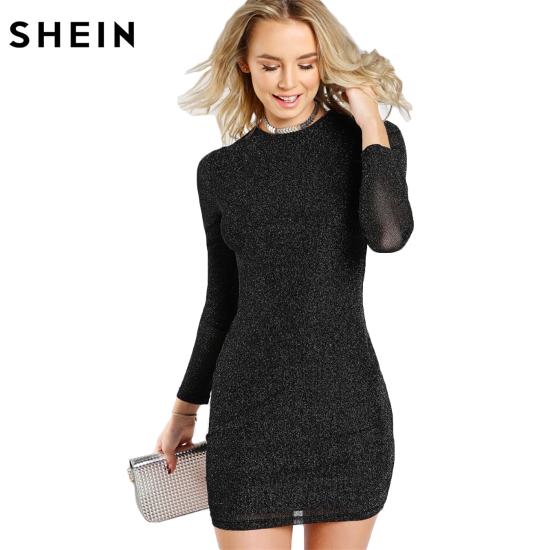 SHEIN Glitter Form Fitting Tee Dress Black Women Dress Long Sleeve Sexy Bodycon Dress Autumn Elegant T-shirt Dress