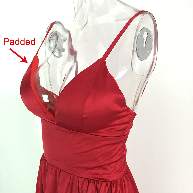 Sexy Backless Split Front Summer Floor Length Dress Deep V Neck Party Dress Red Satin Sleeveless Padded Dress