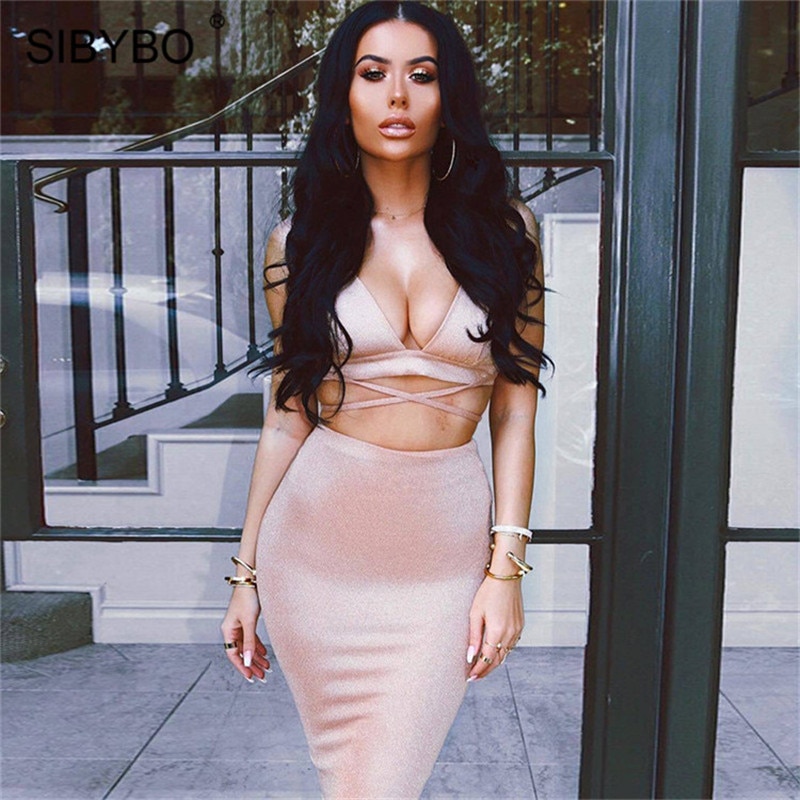 Sibybo Sexy Sparkly Bandage Bodycon Dresses 2018 Halter Deep V Neck Lace Up Crop Top Two Piece Set Summer Party Dresses Vestidos