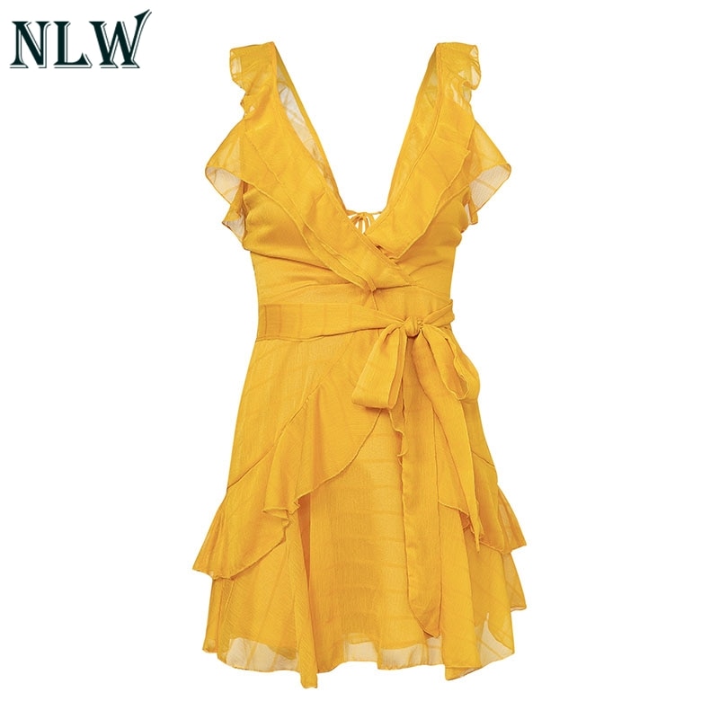 NLW Deep V Neck Yellow Sexy Dress Ruffle Bow Women Dress Green Solid Casual Bohemian Beach Dress Vestidos