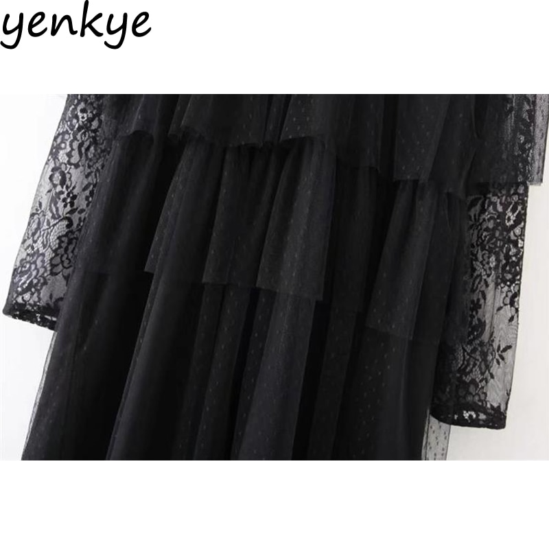 Vintage Women Ruffle Trims Voile Dress Lace Shoulder Long Sleeve Black Mini Sexy Mesh Dresses XZWM17130