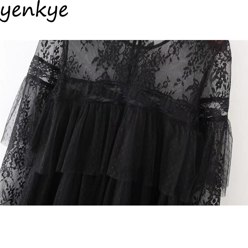 Vintage Women Ruffle Trims Voile Dress Lace Shoulder Long Sleeve Black Mini Sexy Mesh Dresses XZWM17130