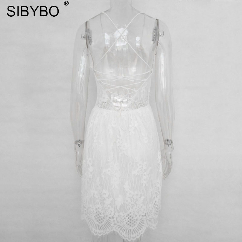 Sibybo Backless Spaghetti Strap Sexy Lace Dress Women Sleeveless V-Neck Loose Summer Dress Cotton Black Elegant Party Dresses