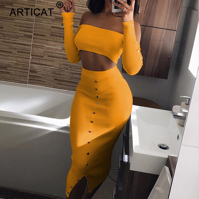 Articat Off Shoulder Long Sleeve Sexy Bodycon Dress Women Autumn Winter Two Piece Strapless Party Dresses Casual Sweater Dress