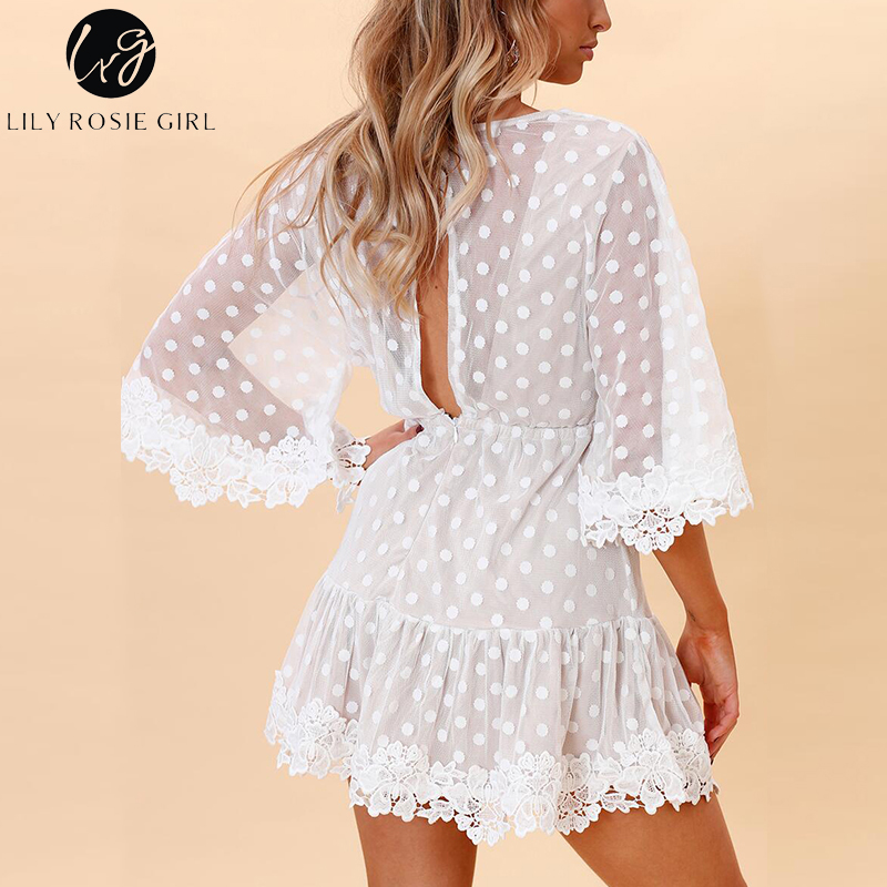 Lily Rosie Girl White Lace Dot Women Mini Dresses Summer Sexy V Neck Party Beach Mesh Dress Backless Flare Sleeve Vestidos