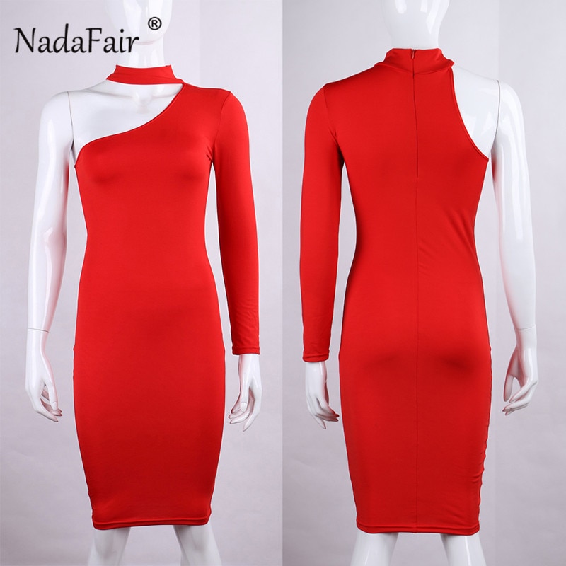Nadafair One Shoulder Sexy Club Bodycon Party Dresses Women 2019 Spring Long Sleeve Halter Wrap Pencil Dress Red Black White