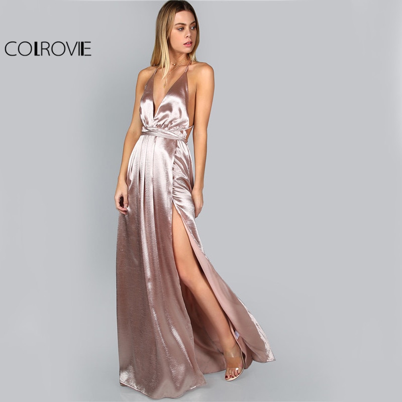 COLROVIE Maxi Party Dress Women Pink Plunge Neck Sexy Cross Back Wrap High Slit Summer Dresses Elegant Club Long Cami Dress