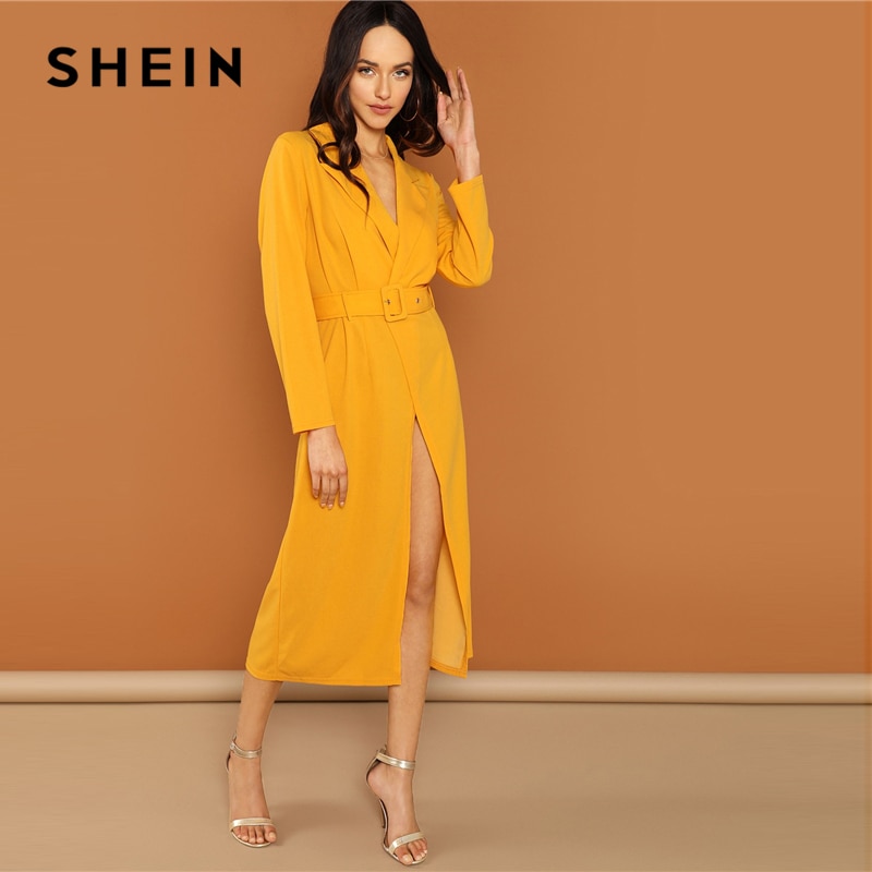 SHEIN Streetwear Weekend Casual Ginger Waist Belted Wrap Notched Neck Asymmetrical Maxi Dress 2018 Autumn Elegant Women Dresses