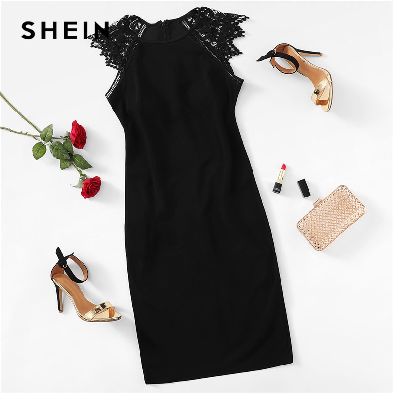 SHEIN Black Party Contrast Lace Insert Armhole Bodycon Sleeveless Natural Waist Solid Dress 2018 Summer Women Sexy Dresses