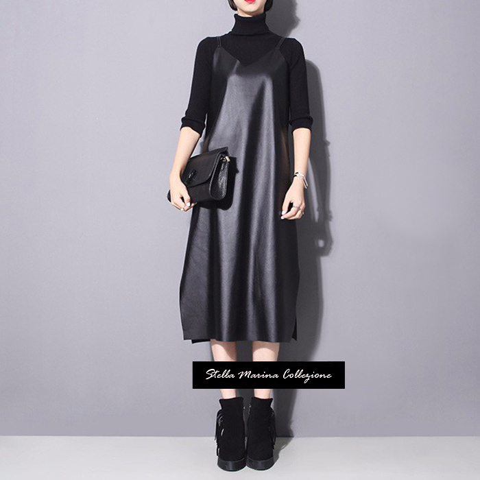 New 2019 Women Long Black Leather Dress Sleeveless Spaghetti Straps V Neck Sides Split Sexy Nigh Party Club PU Dress Style 746