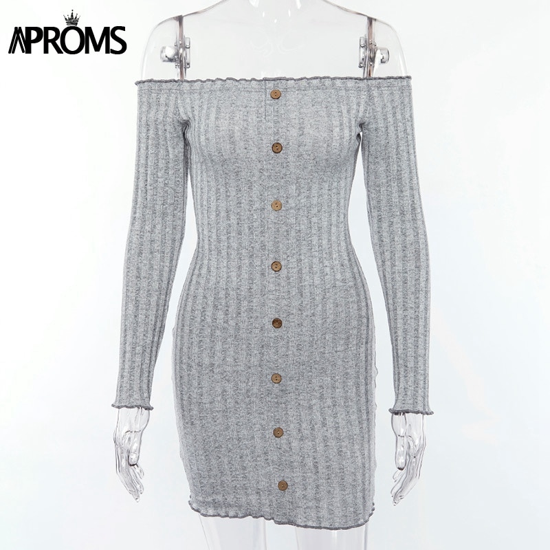 Aproms Buttons Knitted Off Shoulder Tunic Dress Winter Sweater Dresses Women Sexy Long Sleeve Bodycon Club Short Dress Vestidos