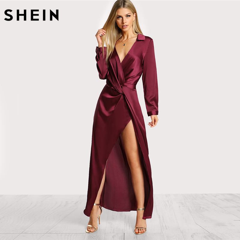 Burgundy Sexy Dress Satin Front Twist 