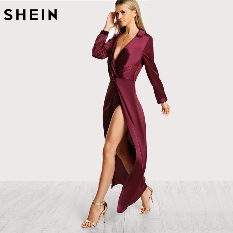 SHEIN Burgundy Sexy Party Dress Satin Front Twist Wrap Dress Lapel Deep V Neck Long Sleeve Split Maxi Shirt Dress