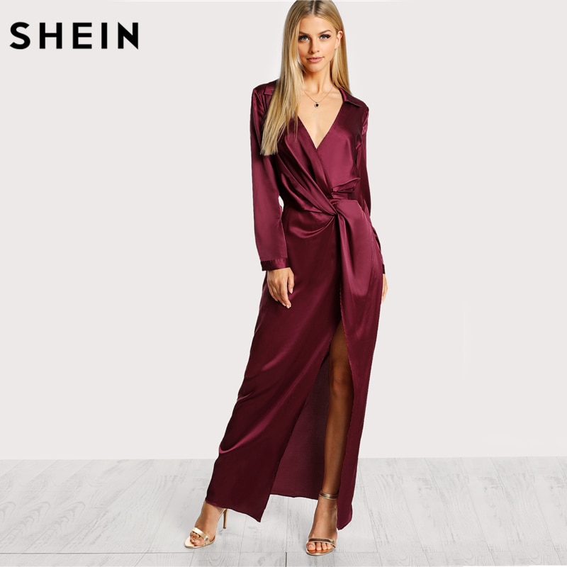 SHEIN Burgundy Sexy Party Dress Satin Front Twist Wrap Dress Lapel Deep V Neck Long Sleeve Split Maxi Shirt Dress