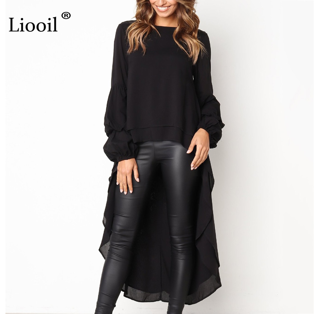 Liooil Black Puff Sleeve Maxi Dress Women Clothes 2019 Spring O Neck Asymmetrical High Low Hem Womens Sexy Long Party Dresses