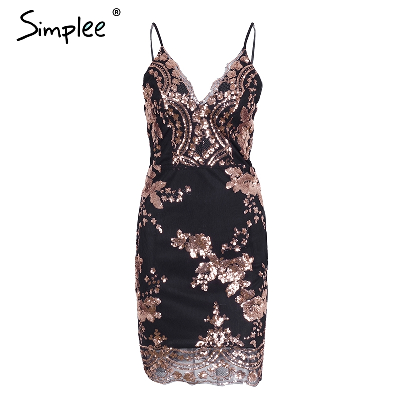 Simplee Sexy club backless formal dress women V neck sequin party dresses vestidos Christmas bodycon short autumn winter dress