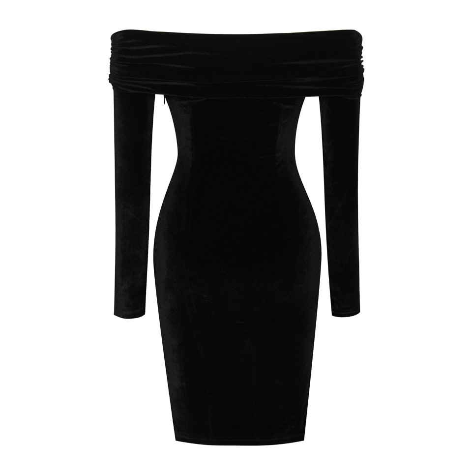 Karlofea New Spring Midi Dress Solid Black Elegant Casual Off Shoulder Velvet Dress Sexy Club Long Sleeve Bodycon Party Dress