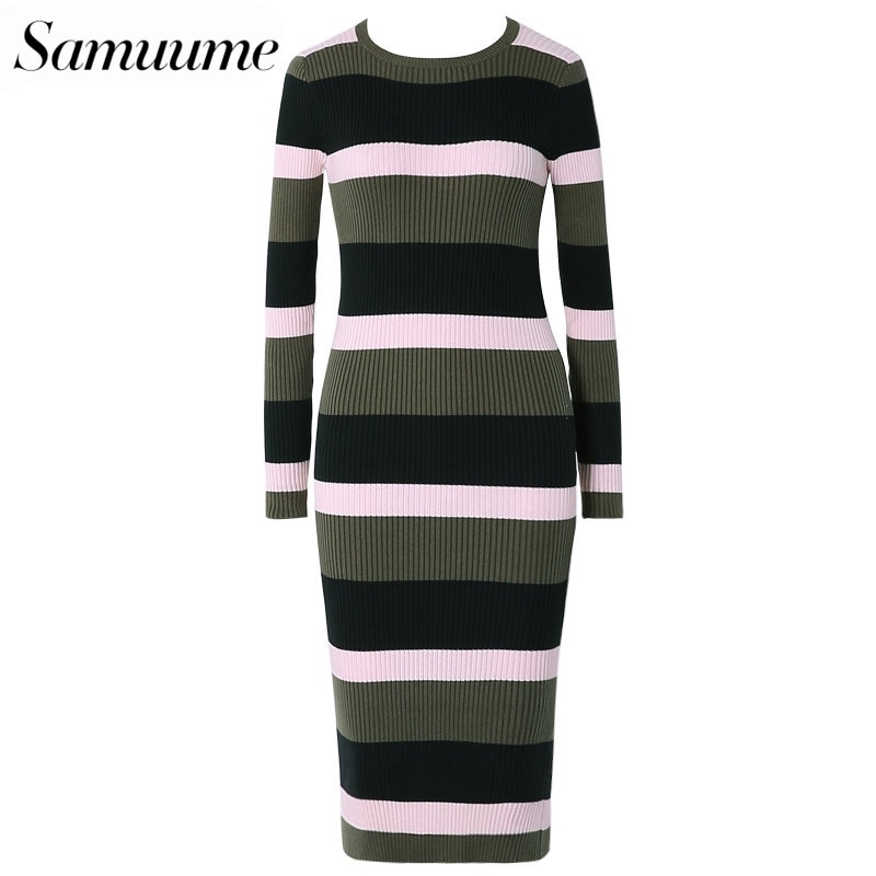 Samuume Women Long Sleeve Striped Knitted Dress 2019 Autumn Winter Casual Sexy Bodycon Wrap Pencil Sweater Dresses A1610039