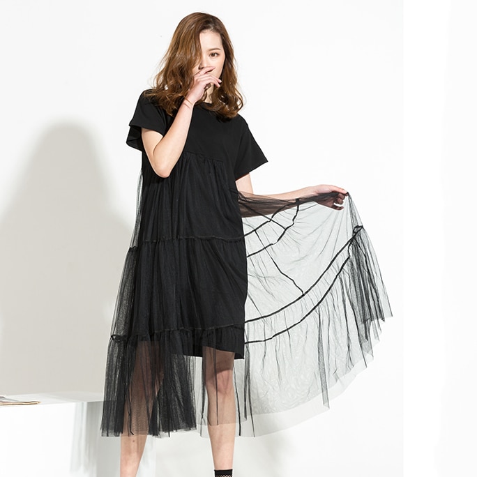 [EAM] 2019 Spring New Large Size Long Big Size Net Yarn Spliced Black O-neck Short Sleeve Sexy Mesh Dress Woman 5XL 3361