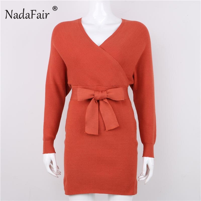 Nadafair v neck knitted sweater winter dress women 2018 autumn long sleeve sash mini bodycon sexy dresses elegant robe pull