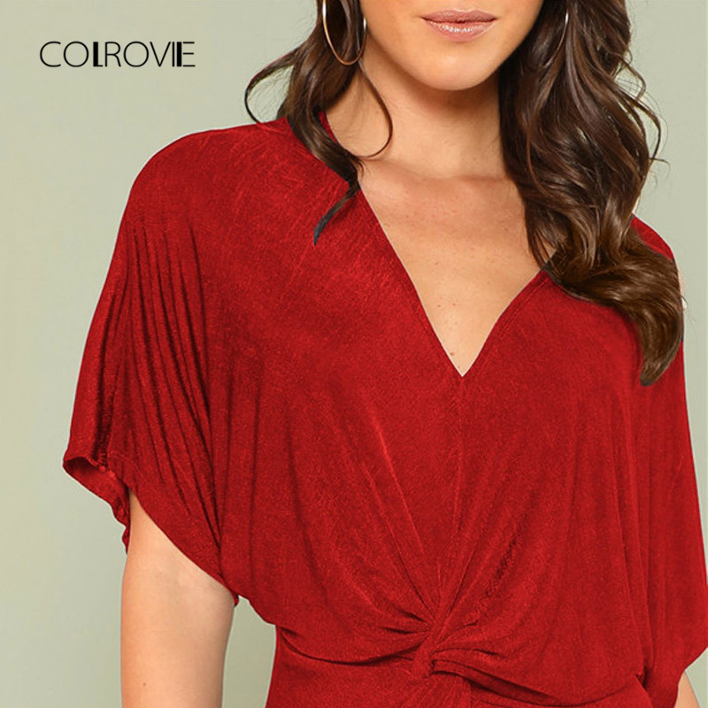 COLROVIE Red V Neck Twist Front Half Sleeve Split Sexy Bodycon Dress Autumn Solid Elegant Midi Party Dress Women Dresses