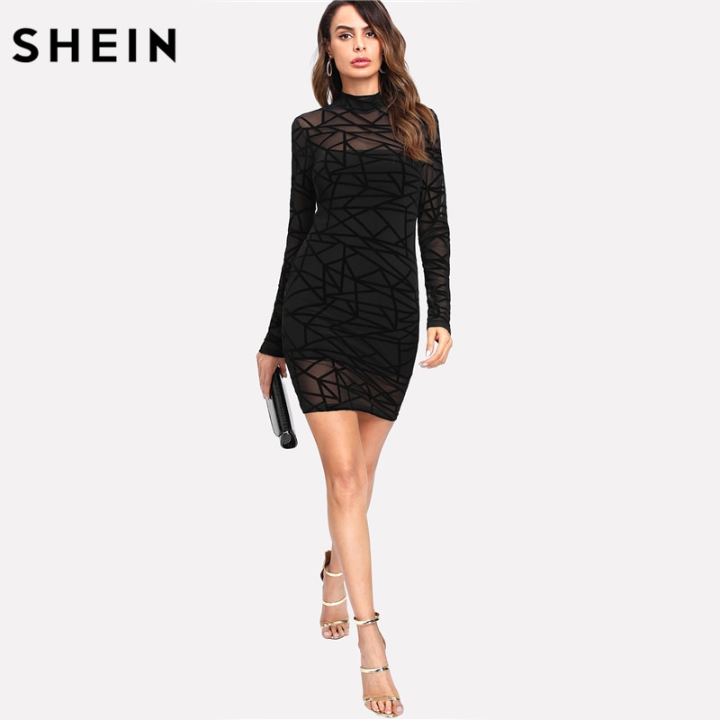 SHEIN Party Dress Women Sexy Bodycon Dress Black Long Sleeve Stand Collar Transparent Sheer Mesh Overlay 2 In 1 Dress