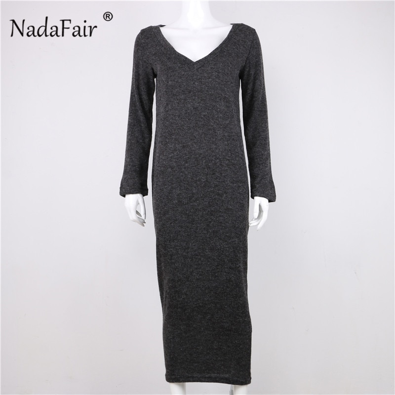 Nadafair women winter dress v neck loose knitted sweater long dresses female autumn long sleeve casual sexy maxi dress robe pull