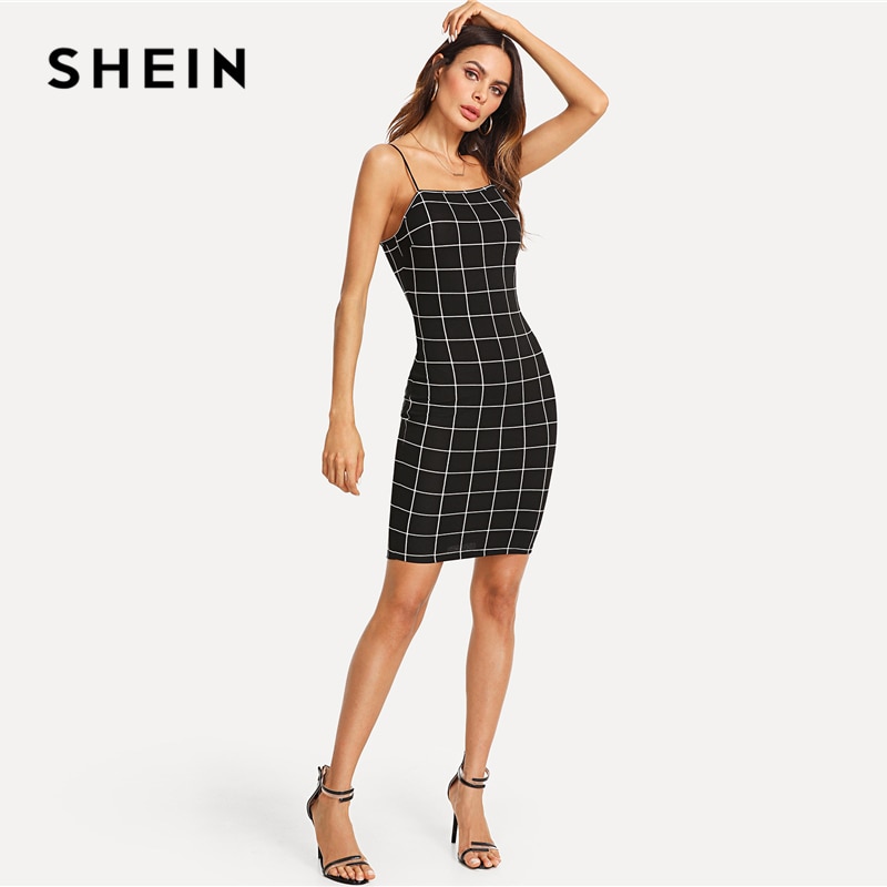 SHEIN Spaghetti Strap Grid Bodycon Dress 2018 Summer Spaghetti Strap Sleeveless Plaid Party Sexy Short Dress Women Black Dress