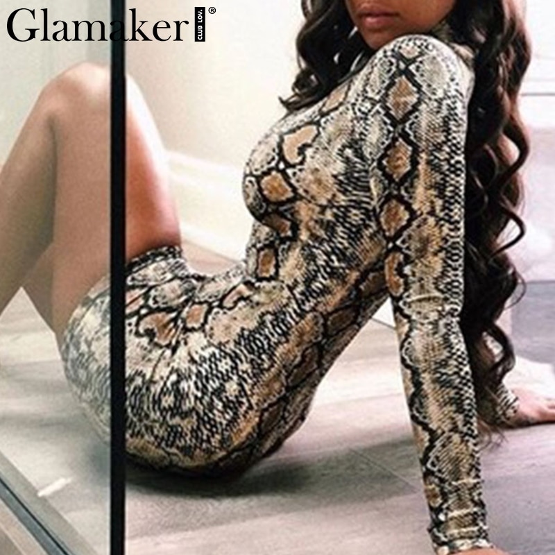 Glamaker Sexy snake print summer women dress Turtleneck long sleeve bodycon short party dress Elegant spring female club dress