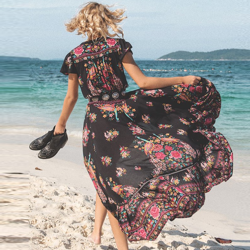 DeRuiLaDy 2019 New Women Summer Boho Beach Maxi Dress Sexy V Neck Vintage Print Long Dresses Casual Sundress Dress vestidos