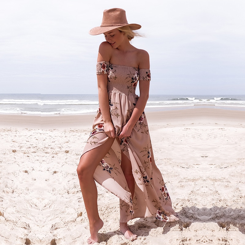 Lossky 2018 New Women Sexy Side Split Summer Dress Off Shoulder Vintage Print Maxi Dress Women Beach Dress Vestidos