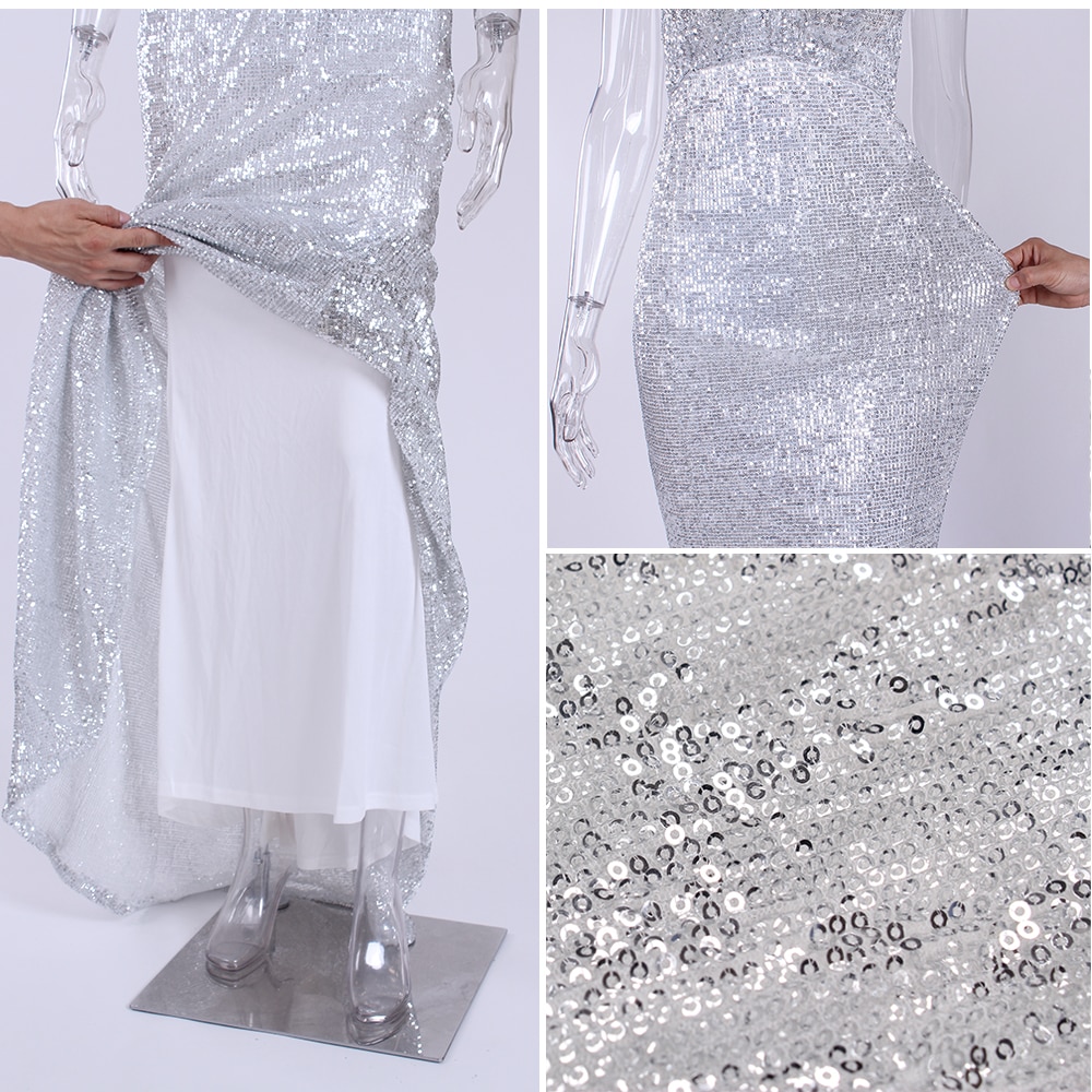 Sexy Stretch Silver Sequin Maxi Dress Hollow Out Floor Length Summer Party Dress Padded V Neck Backless Mermaid Dress