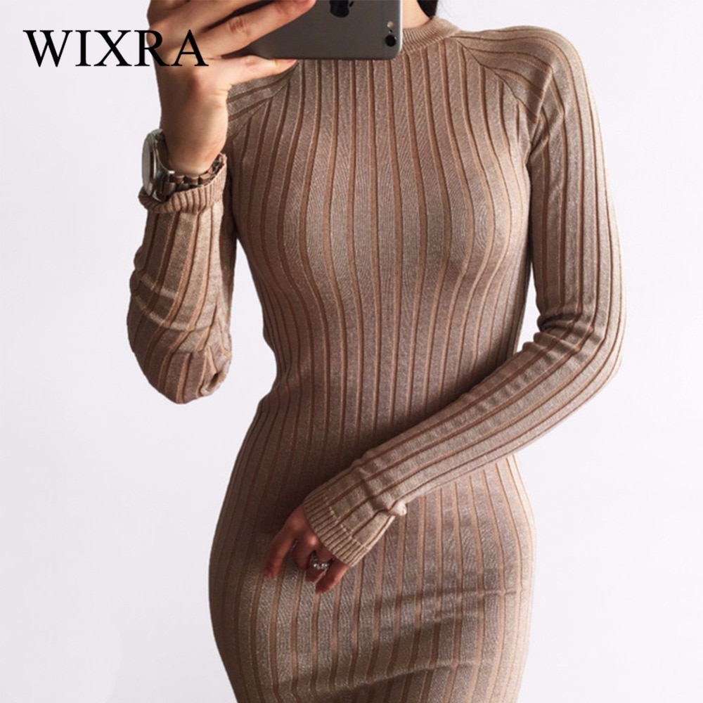 Wixra Warm and Charm Women Sweater Dress 2017 Fall Winter Long Sexy Lurex Bodycon Dresses Elastic Striped Skinny Knitted Dress