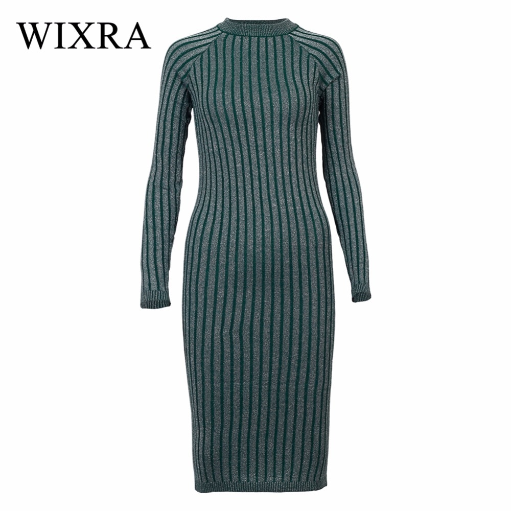 Wixra Warm and Charm Women Sweater Dress 2017 Fall Winter Long Sexy Lurex Bodycon Dresses Elastic Striped Skinny Knitted Dress