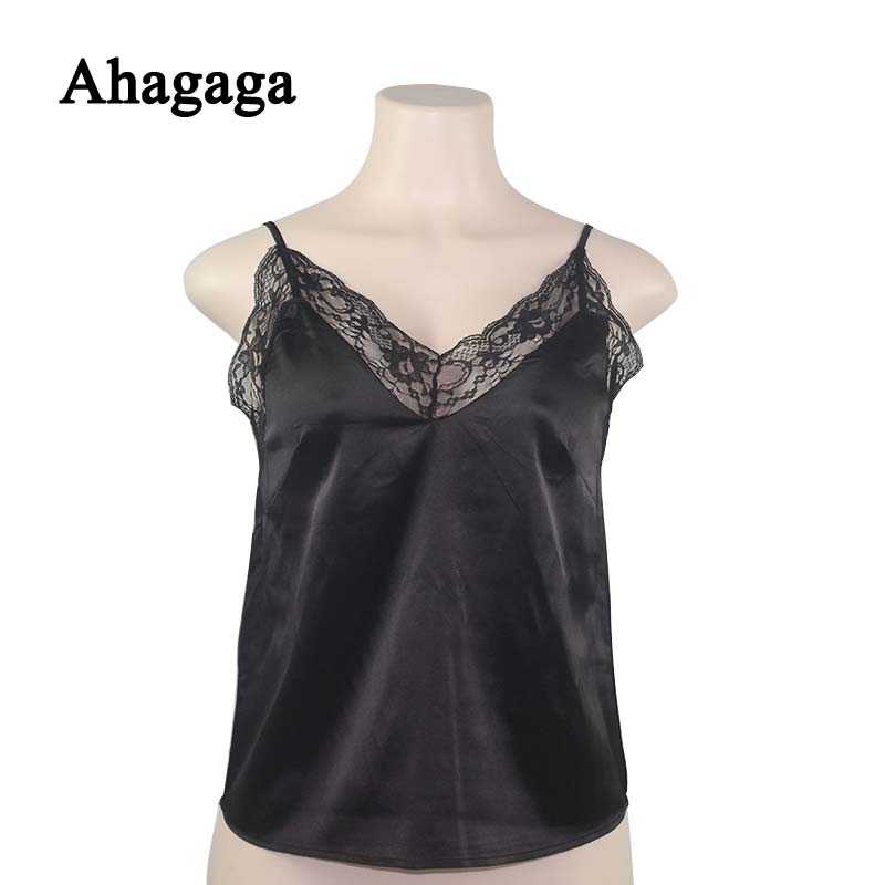 Ahagaga 2019 Spring Sexy Lace Camis Women Tops Fashion Solid White Black Hollow Out Regular Short Camis Women Blusas Female Tops