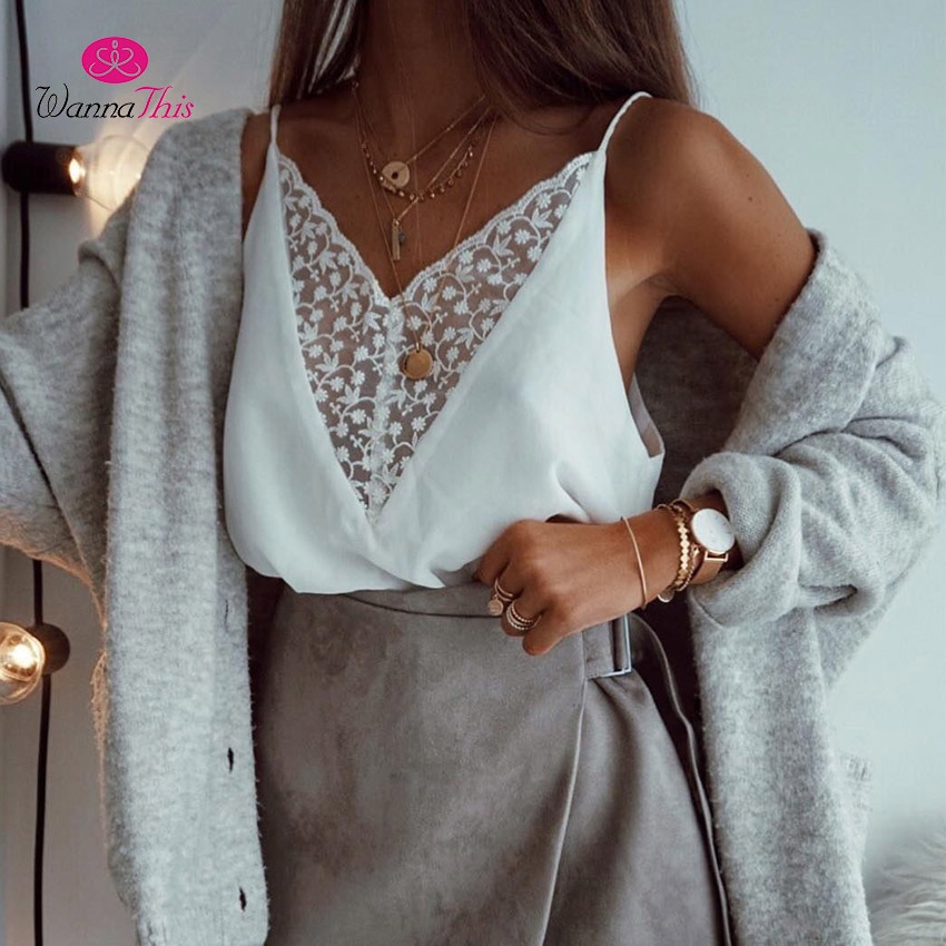 WannaThis Sexy White Lace Camisole Tops Women V-Neck Sleeveless Strap Tank Top Casual Fashion Tops Summer Sleepwear Nightshirts