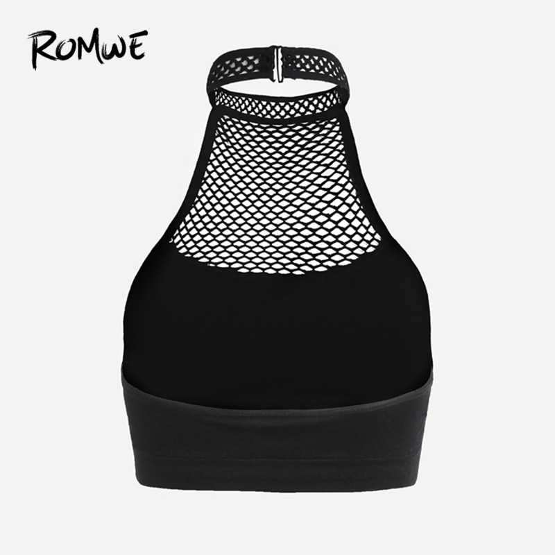 ROMWE Black Modal Cut Out Fishnet Panel Halter Bra Women  Summer New Fashion Plain Crop Top Female Sexy And Club Lingerie