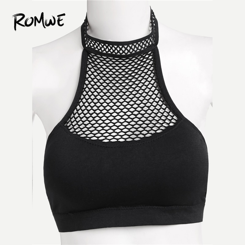 ROMWE Black Modal Cut Out Fishnet Panel Halter Bra Women  Summer New Fashion Plain Crop Top Female Sexy And Club Lingerie
